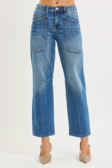 RISEN 4 Way Stretch Mid Rise Barrel Jeans with Patch Pocket Detail OutfitFlow