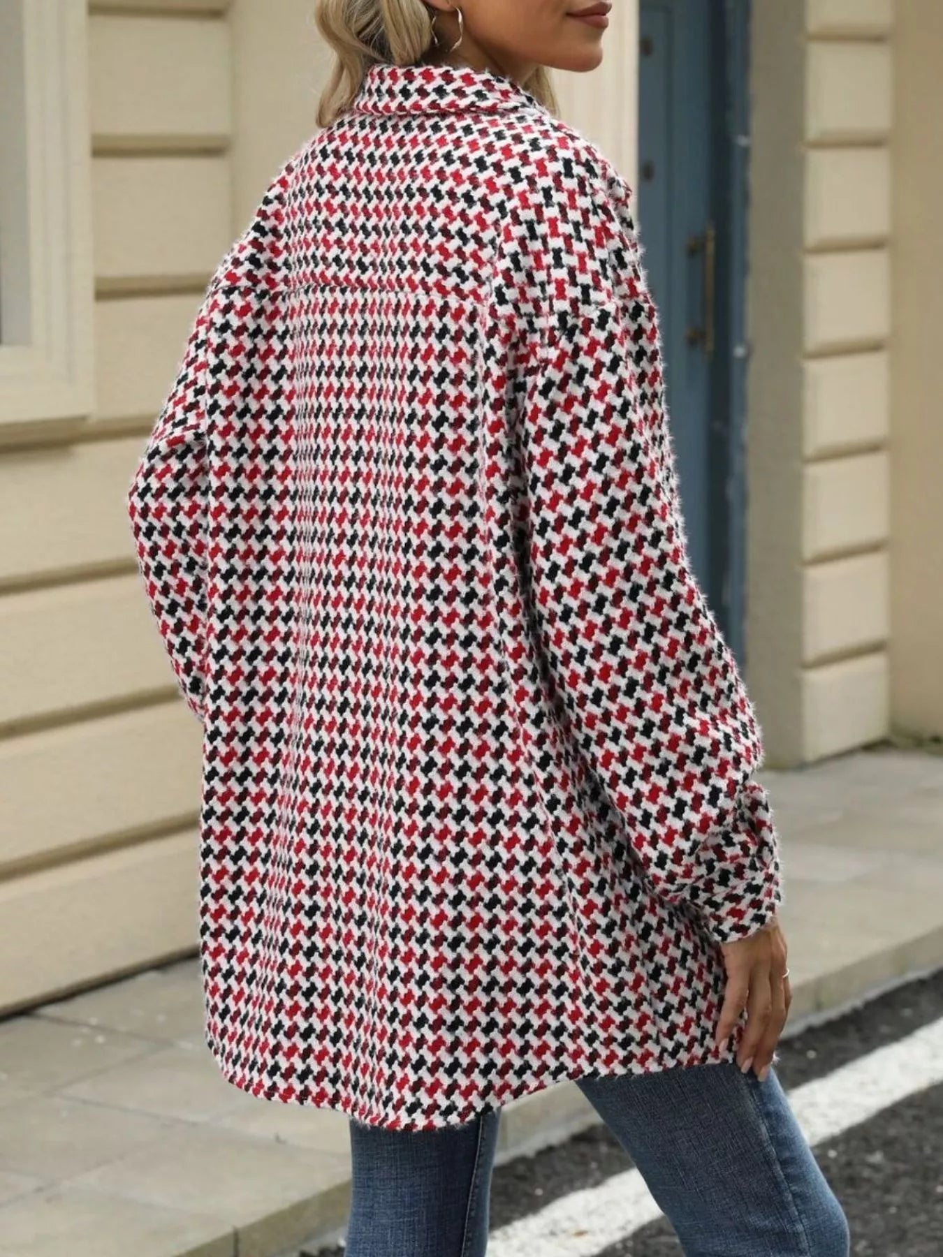 Houndstooth Button Up Long Sleeve Coat Trendsi