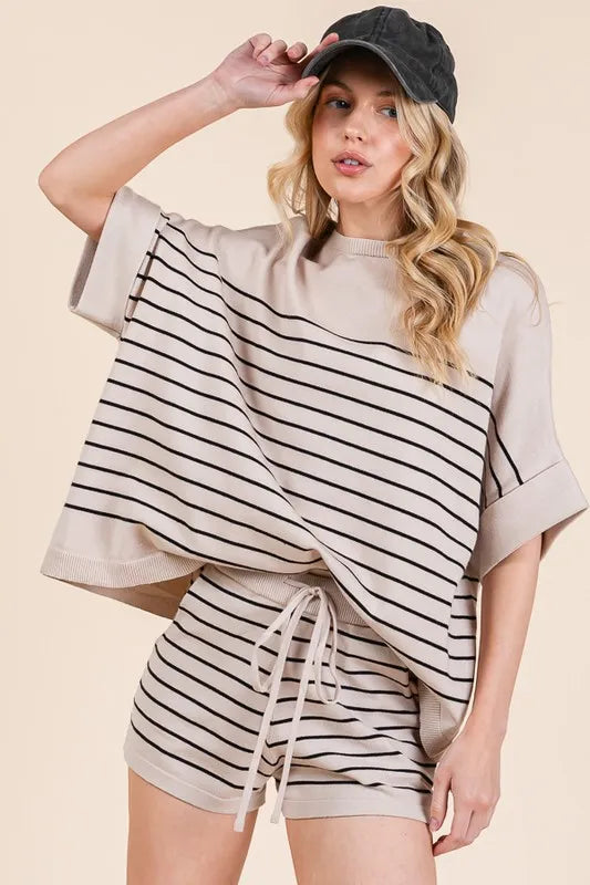 Lime 'N' Chili Striped Folded Half Sleeve Top and Shorts Set OutfitFlow