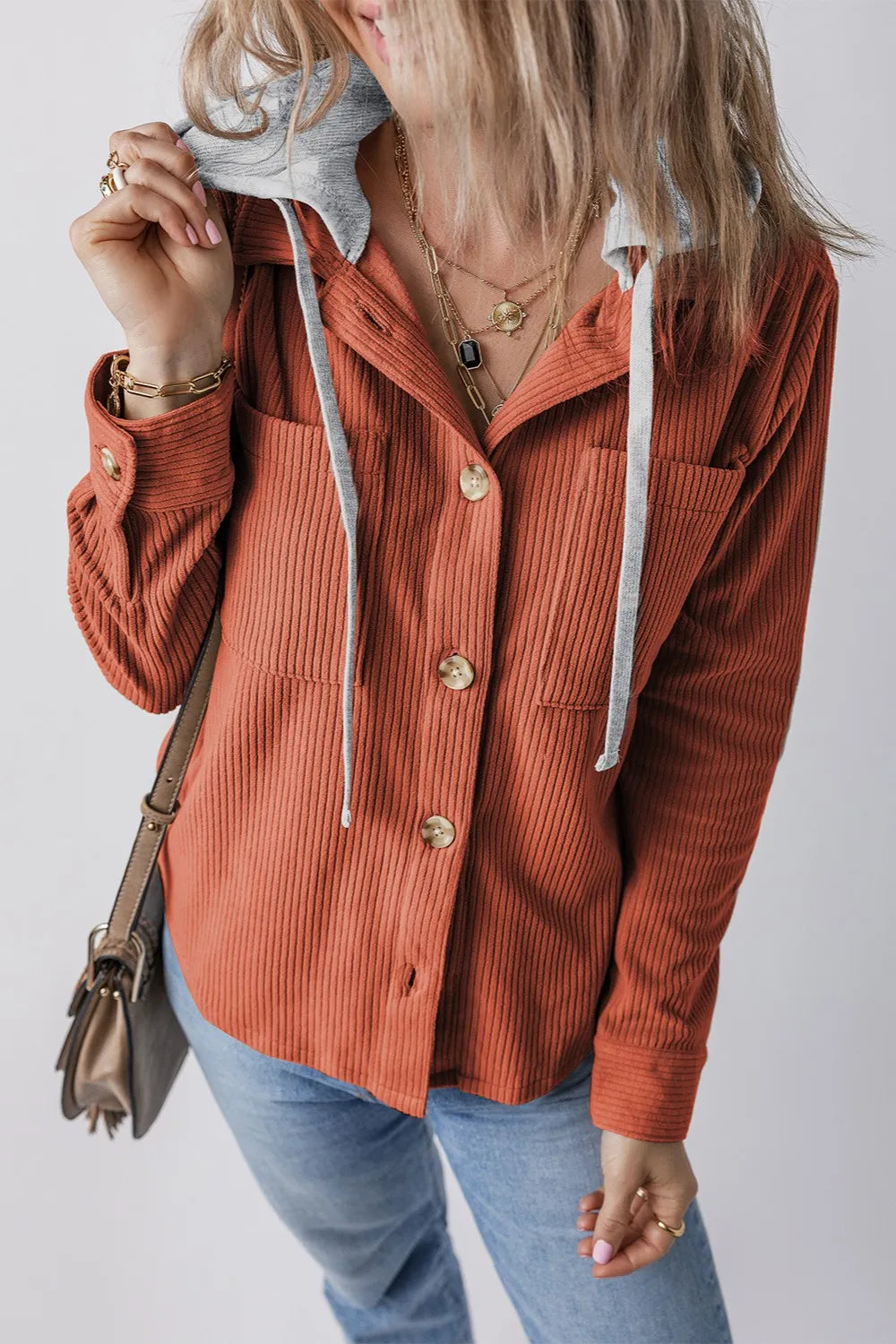 Drawstring Button Up Long Sleeve Hooded Jacket Orange-Red OutfitFlow