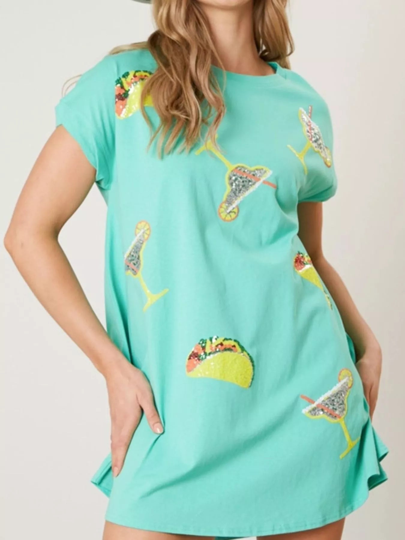 Sequin Short Sleeve Summer Tee Dress Green OutfitFlow