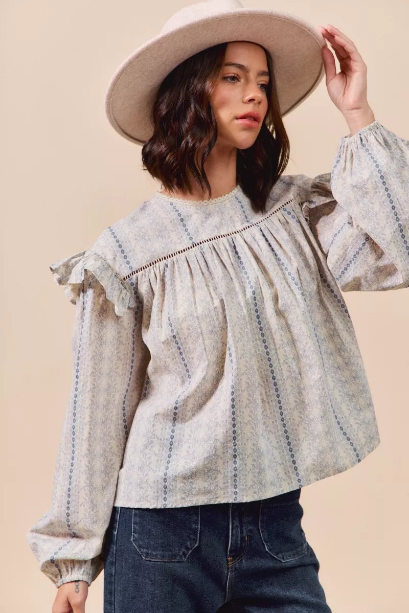 SO ME Floral Cotton Print Ruffled Long Sleeve Blouse OutfitFlow
