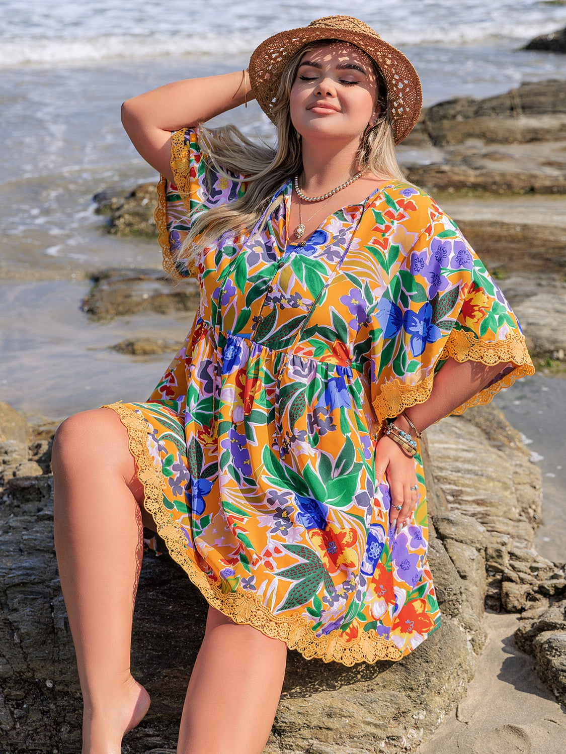 Plus Size Lace Detail Printed Tie Neck Half Sleeve Dress OutfitFlow