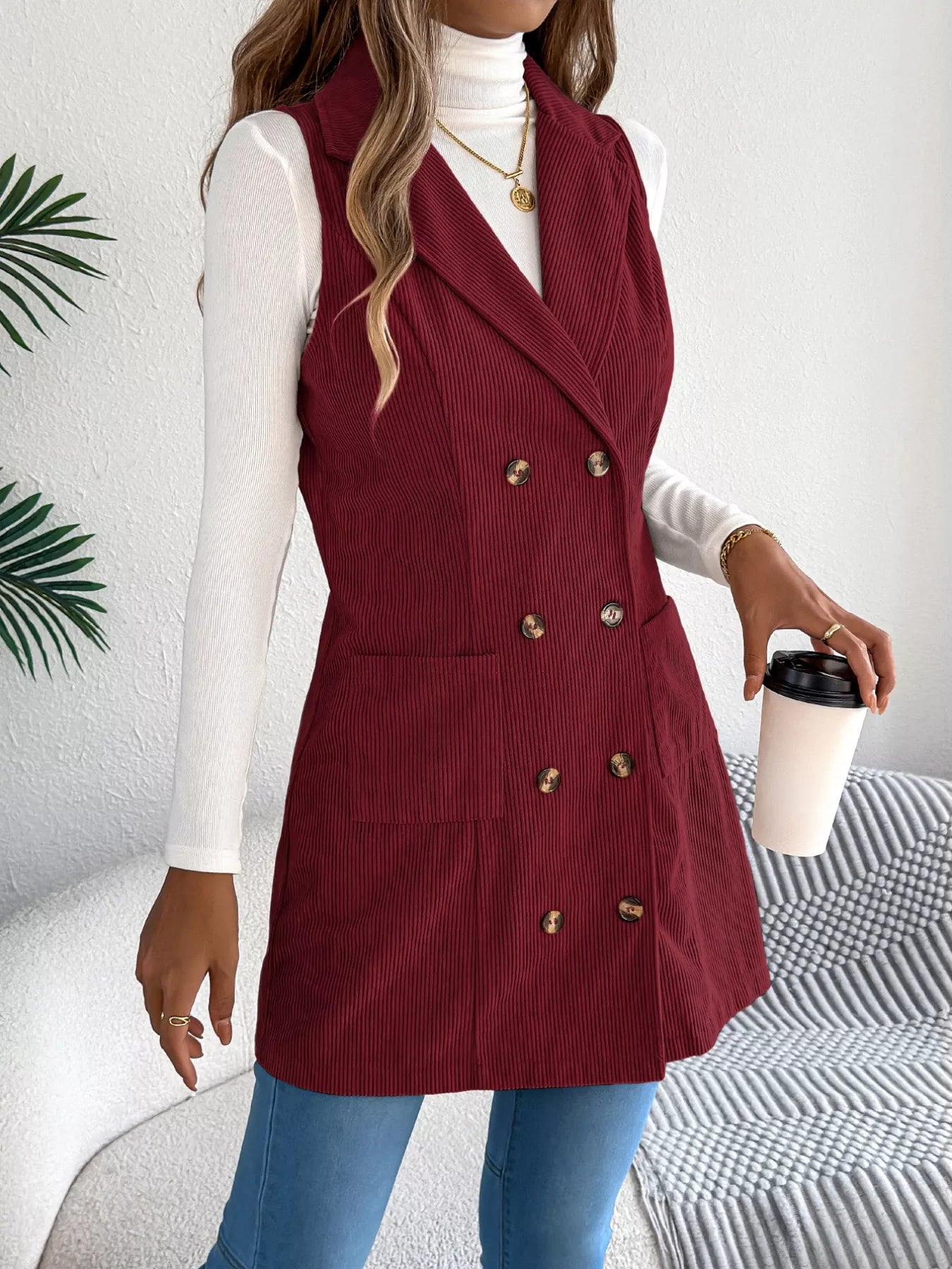 Double-Breasted Long Vest Coat Trendsi