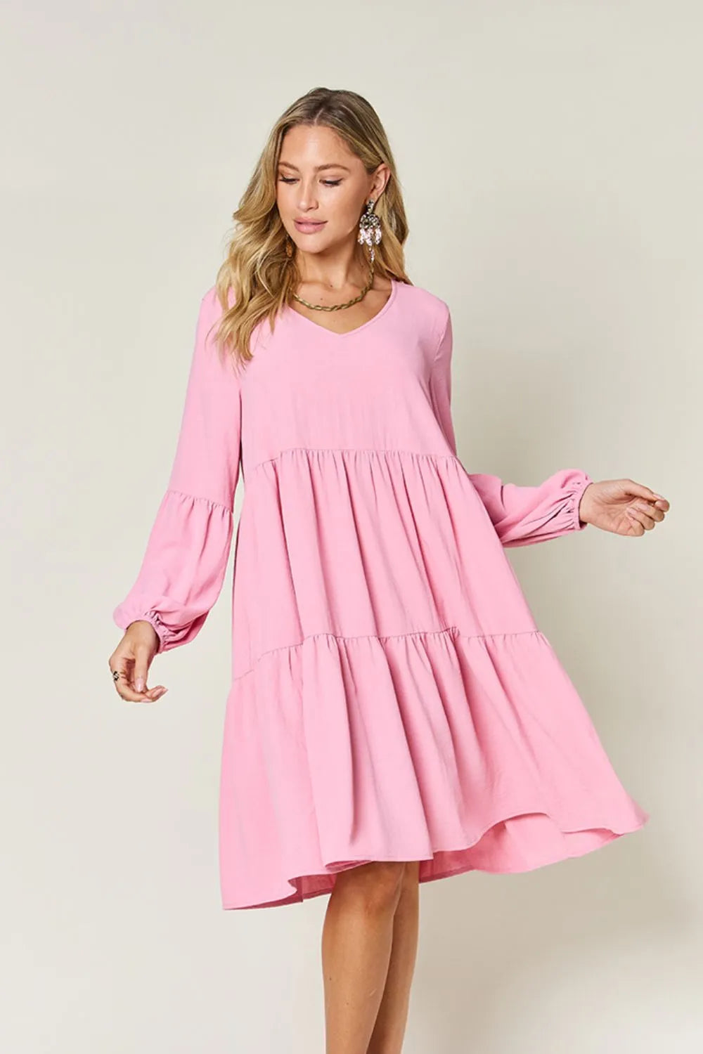 Double Take Full Size V-Neck Balloon Sleeve Tiered Dress with Pockets OutfitFlow