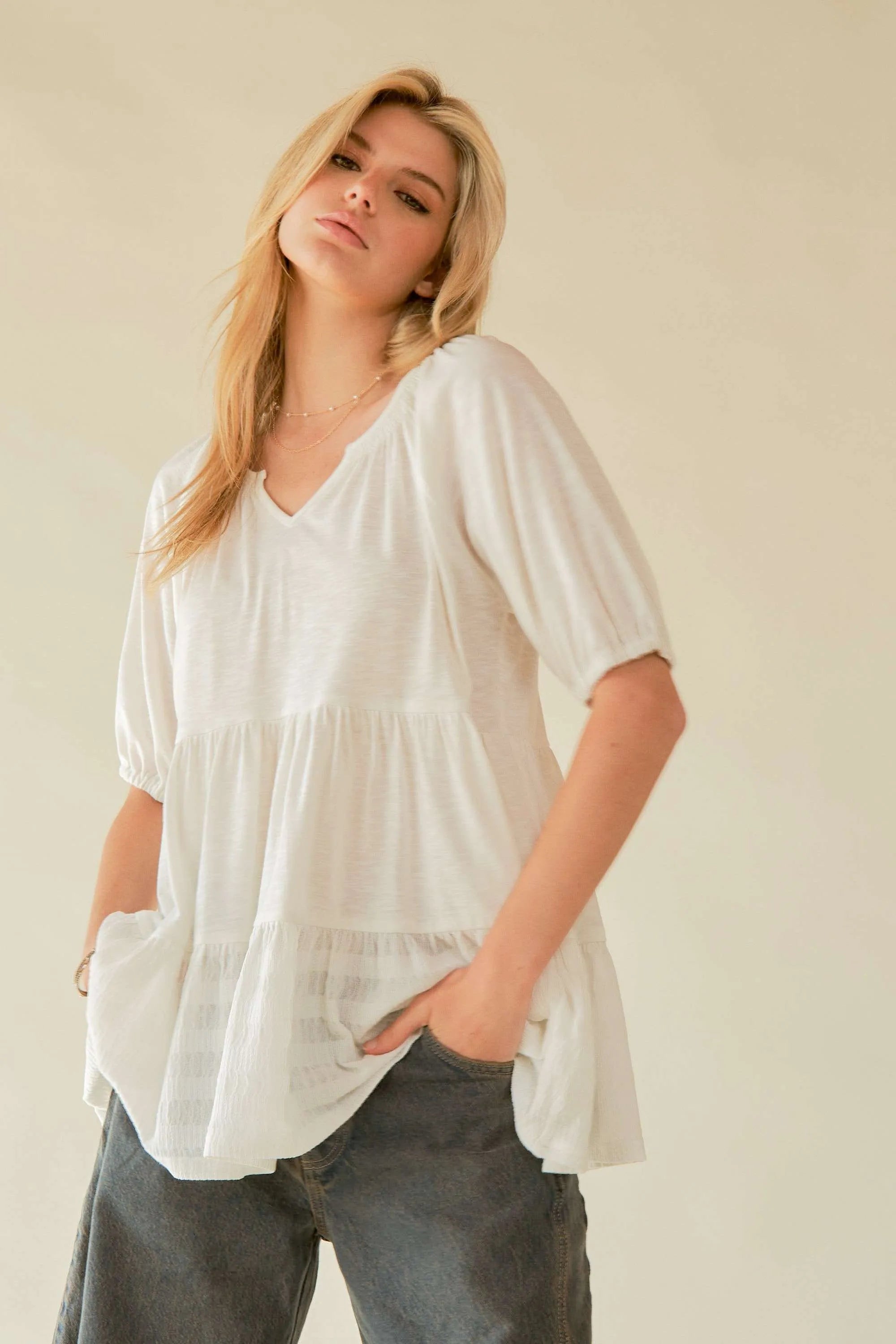 Davi & Dani Ruffled Flared Short Sleeve V Neck Blouse OutfitFlow
