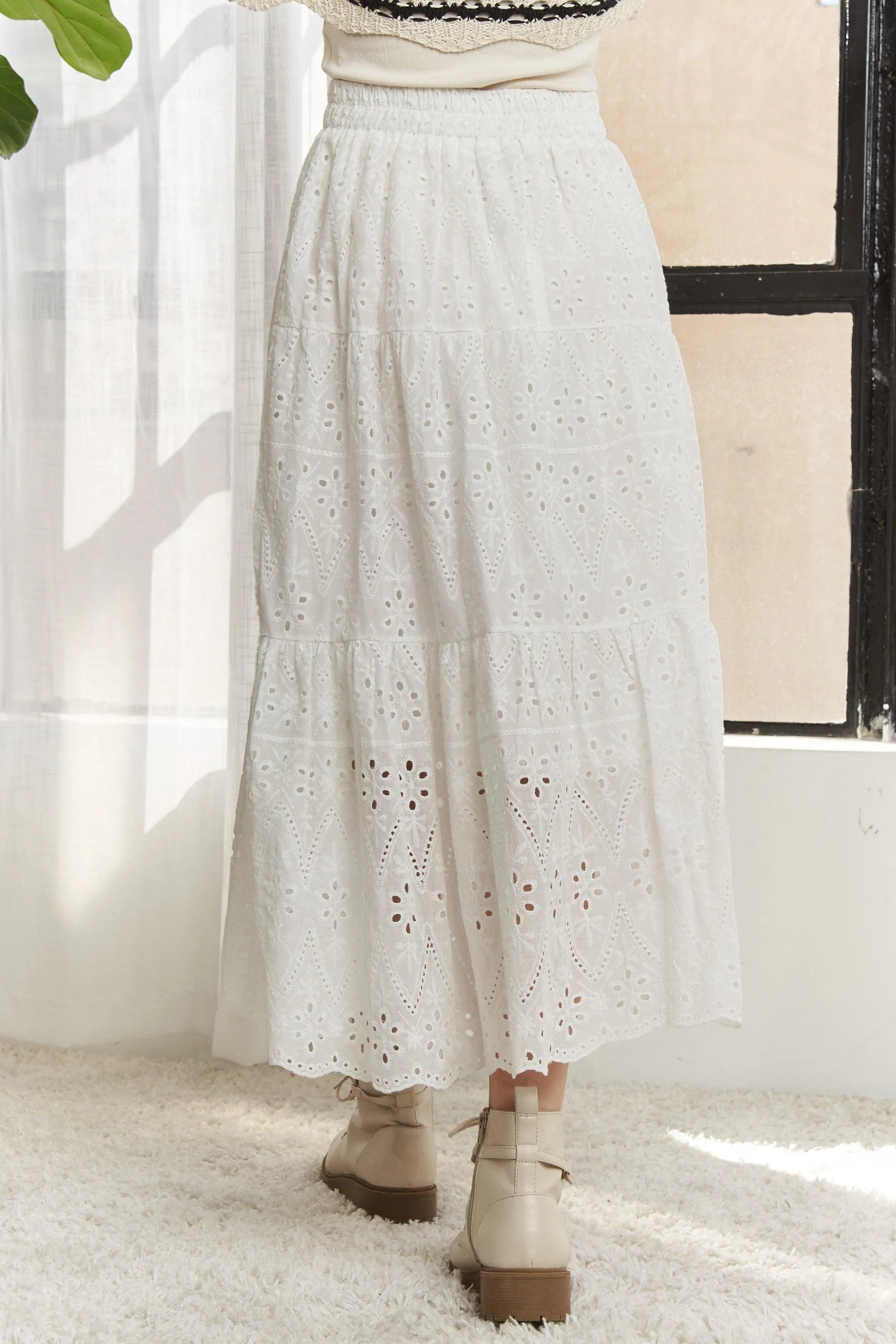 ADORA Elastic Waistband Tiered Midi Skirt OutfitFlow