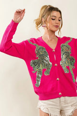 BiBi Front Tiger Sequin Patch V-neck Sweater Cardigan OutfitFlow