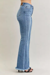 Judy Blue High Waist Flare Fray Hem Jeans with Front Pintuck Detail OutfitFlow