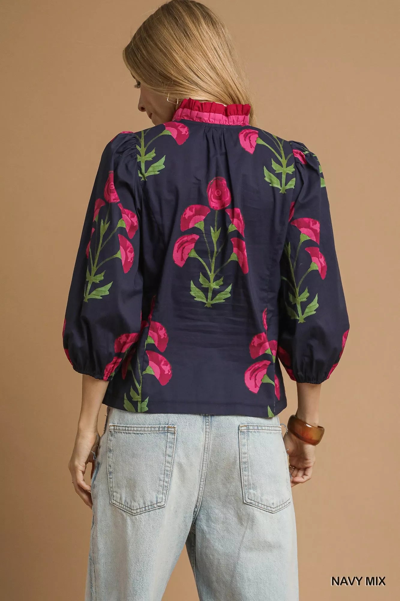Umgee Floral Print Ruffle Trim Puff Sleeve Blouse Trendsi