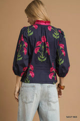 Umgee Floral Print Ruffle Trim Puff Sleeve Blouse Trendsi