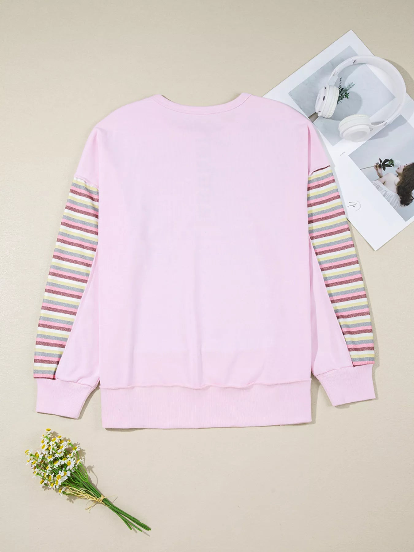 Exposed Seam Color Block Striped Patchwork Loose Henley Sweatshirt Trendsi