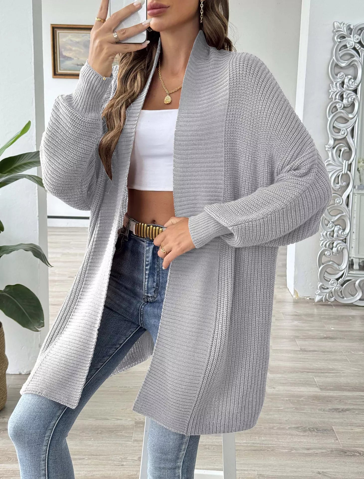 Open Front Ribbed Knit Cardigan OutfitFlow