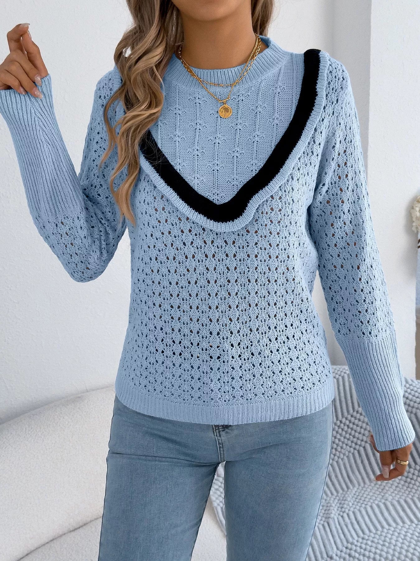 Hollow-Out Knit Top with Contrast Trim OutfitFlow