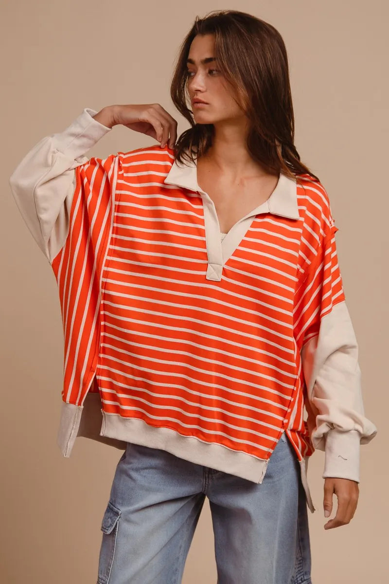 BiBi Stripe Knit Loose Fit Top With Cut Edge Detail OutfitFlow