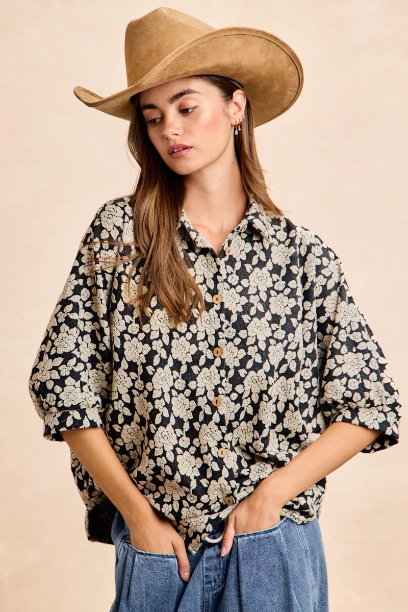 BiBi Floral Jacquard Short Dolman Sleeves Shirt OutfitFlow