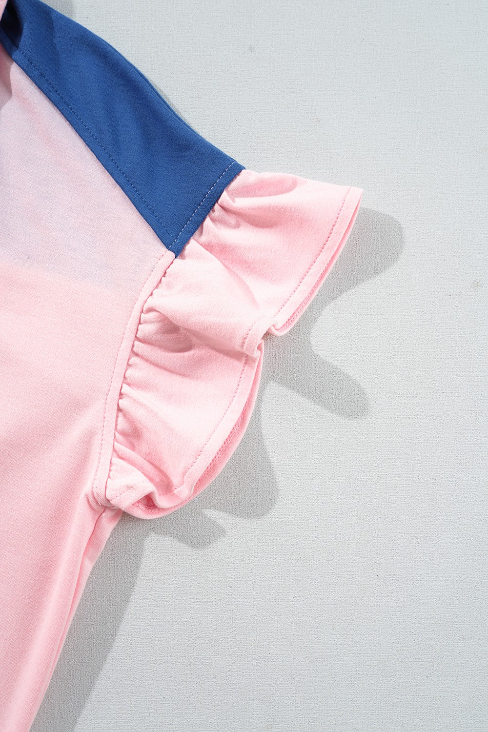 Color Block Half Buttoned Ruffled Short Sleeve T Shirt OutfitFlow
