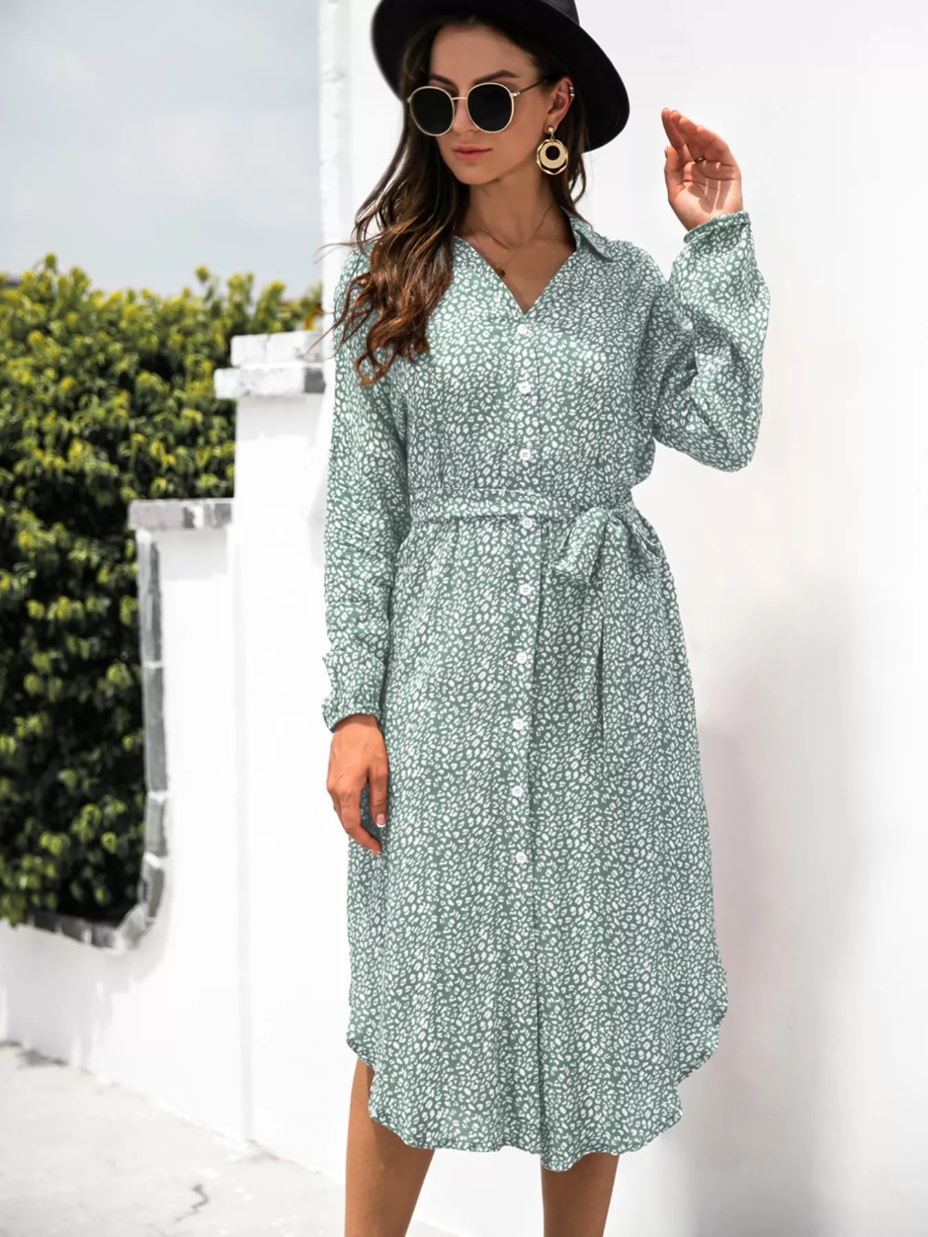 Button Down Printed Long Sleeve Shirt Dress OutfitFlow
