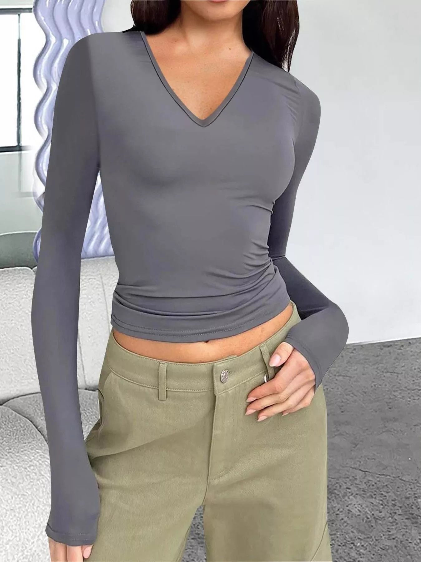 Full Size Slim Fit V-Neck Long Sleeve T-Shirt Plus Size Gray Trendsi