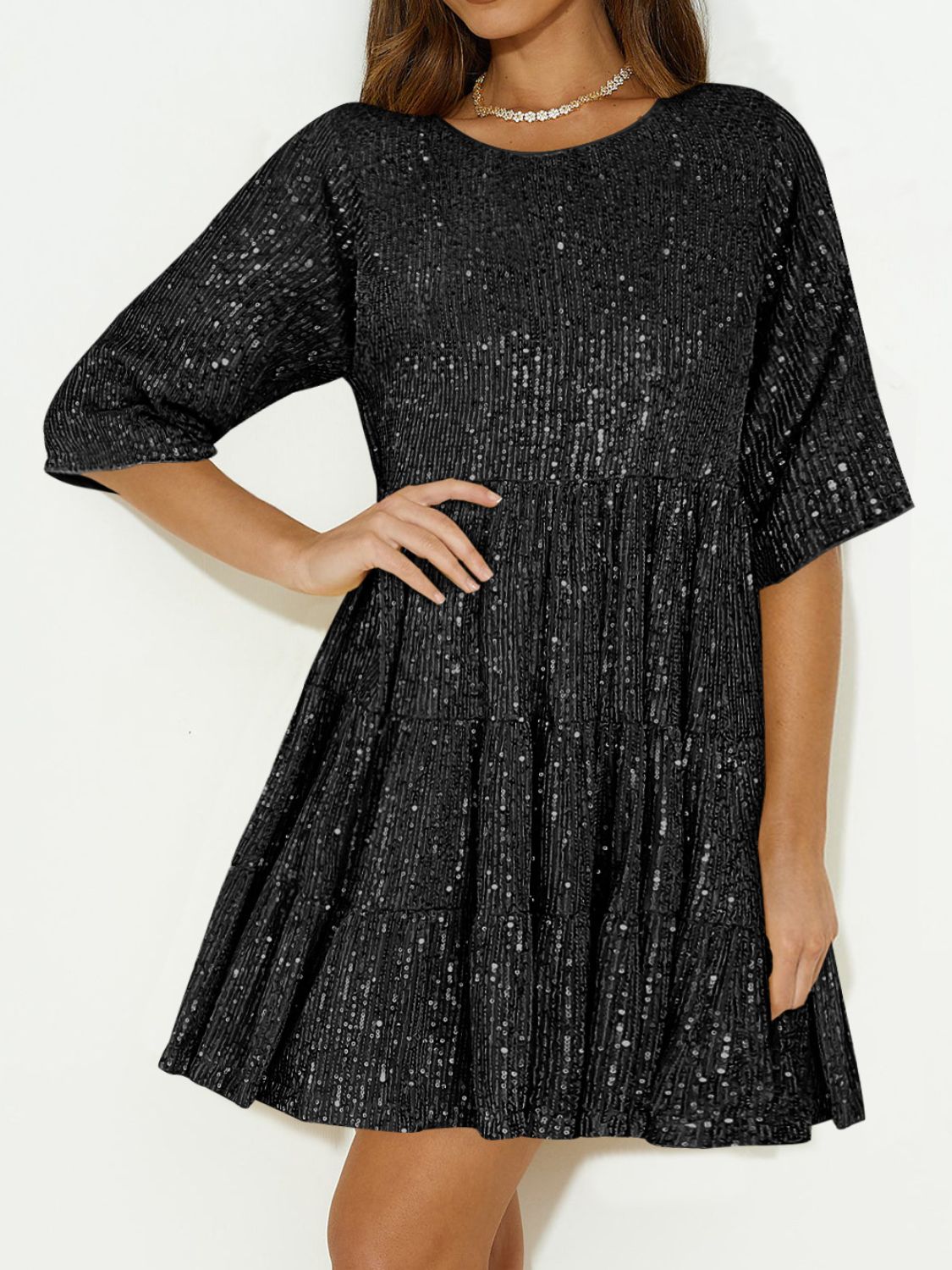 Sequin Round Neck Half Sleeve Mini Dress