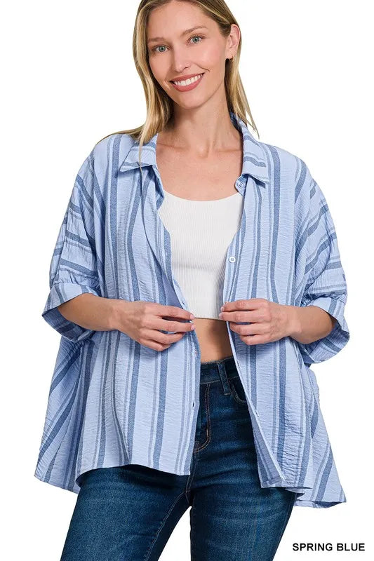 Zenana Woven Yarn-Dye Stripe Oversized Button Down Shirt SPRING BLUE OutfitFlow