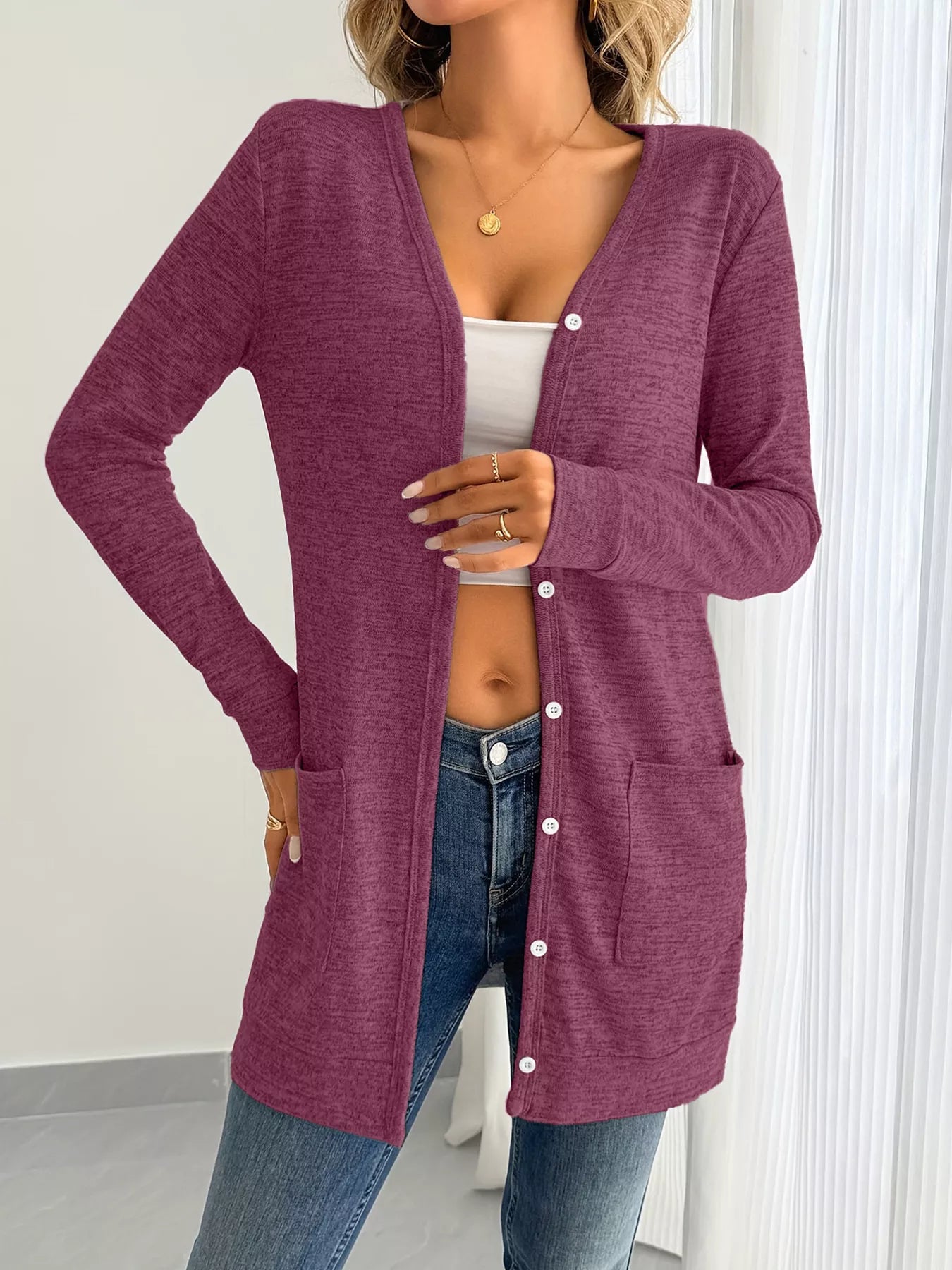 Open Front Longline Cardigan with Side Pockets OutfitFlow