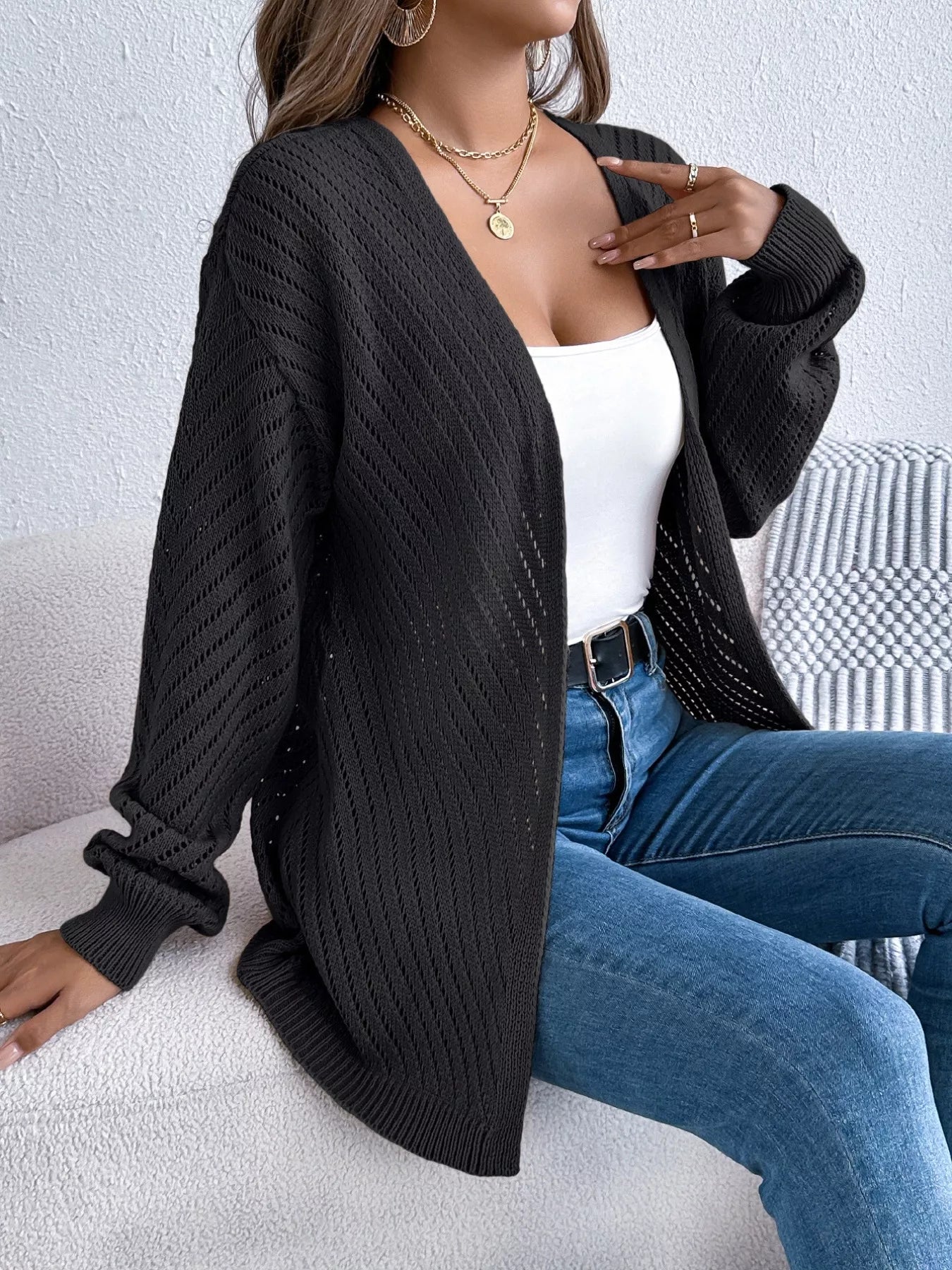 Openwork Open-Front Long Sleeve Cardigan OutfitFlow