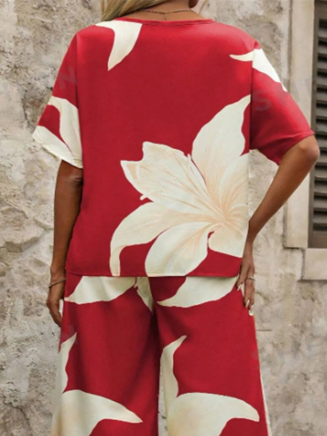 Printed V-Neck Top and Wide Leg Pants Set OutfitFlow