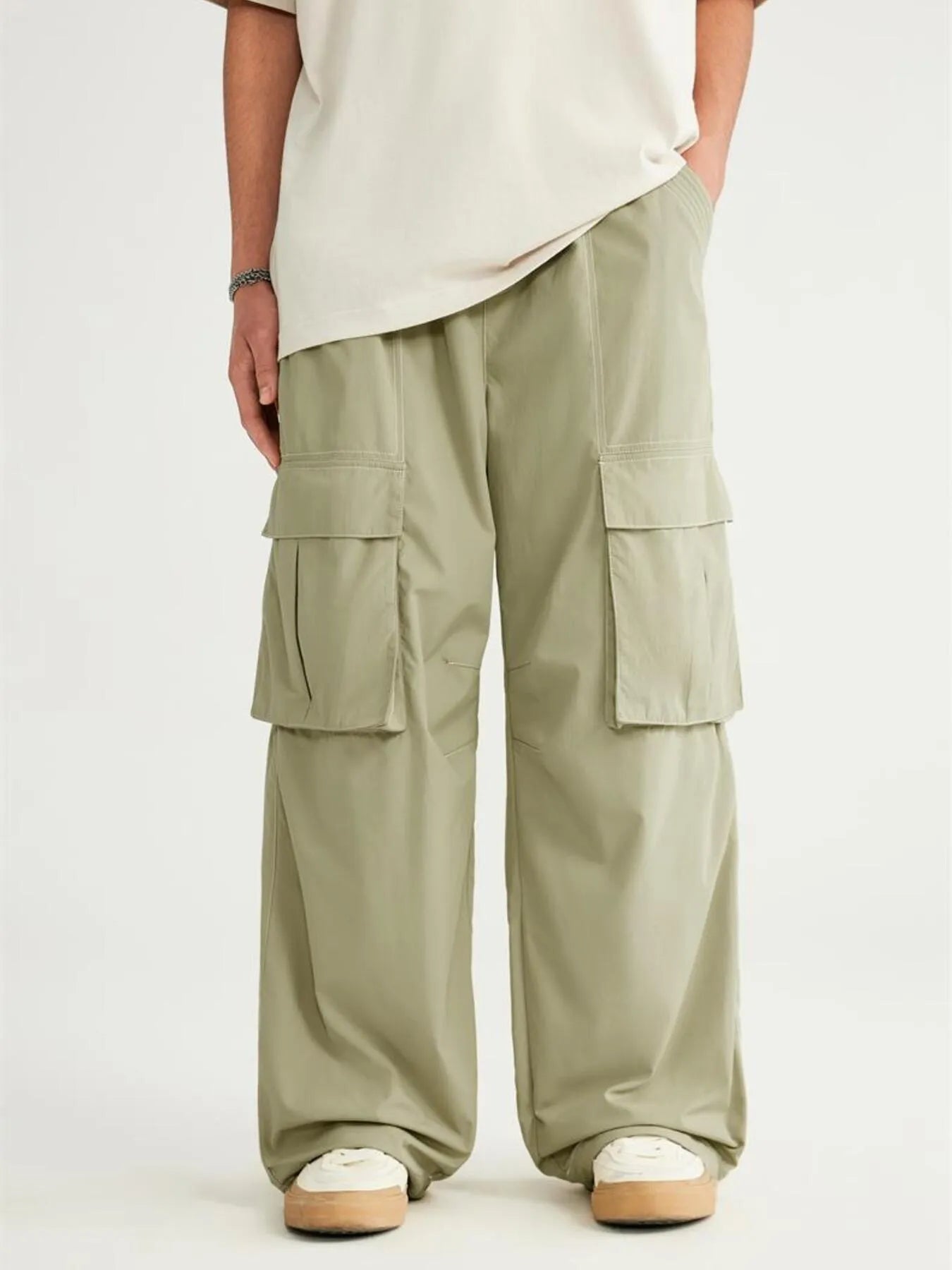 Men's Oversized Cargo Utility Wide Leg Pants Gray Green OutfitFlow