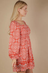 VERY J Printed Smocked Chest Boho Mini Dress OutfitFlow
