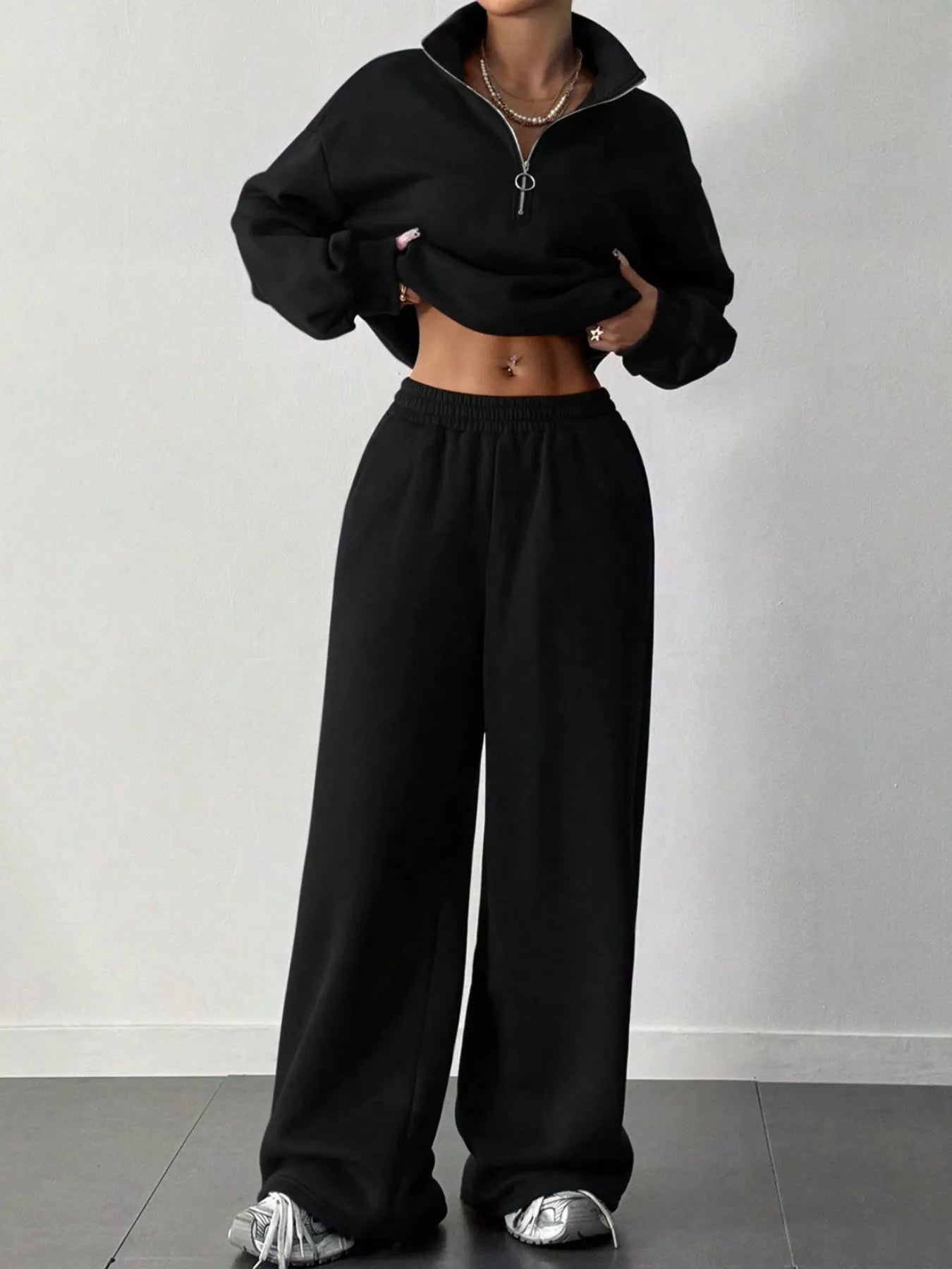 Half-Zip Long Sleeve Sweatshirt and Pants Set OutfitFlow