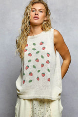 POL Strawberry Pattern Round Neck Sleeveless Sweater Top OutfitFlow