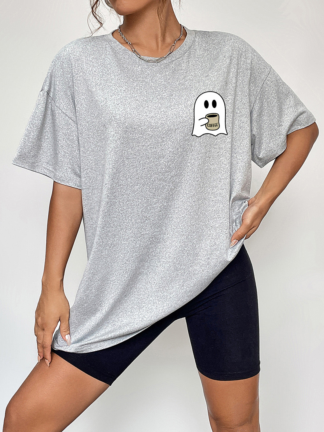 Round Neck Short Sleeve Ghost Graphic T-Shirt OutfitFlow