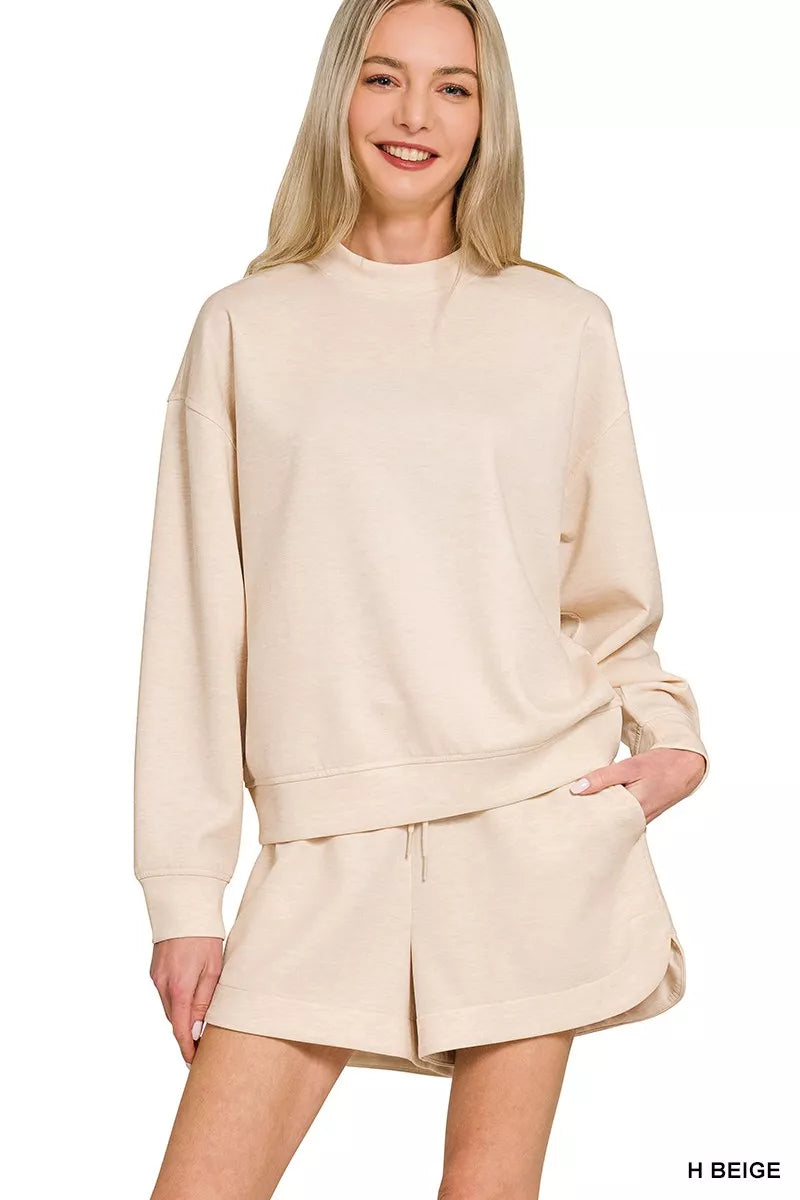 Zenana Scuba Long Sleeve Sweatshirt and Shorts Set H BEIGE OutfitFlow