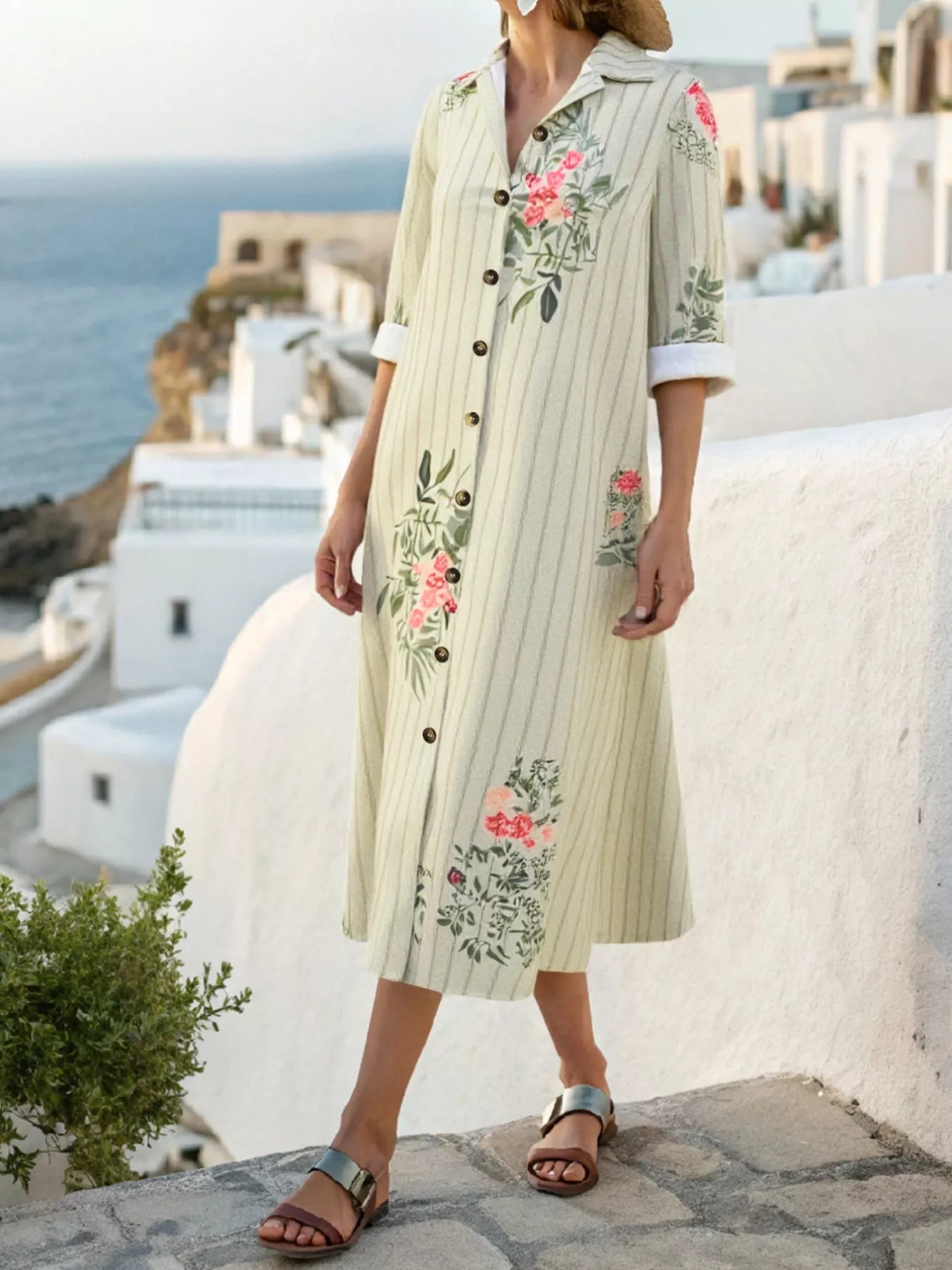 Plus Size Floral Striped Button-Down Midi Shirt Dress OutfitFlow