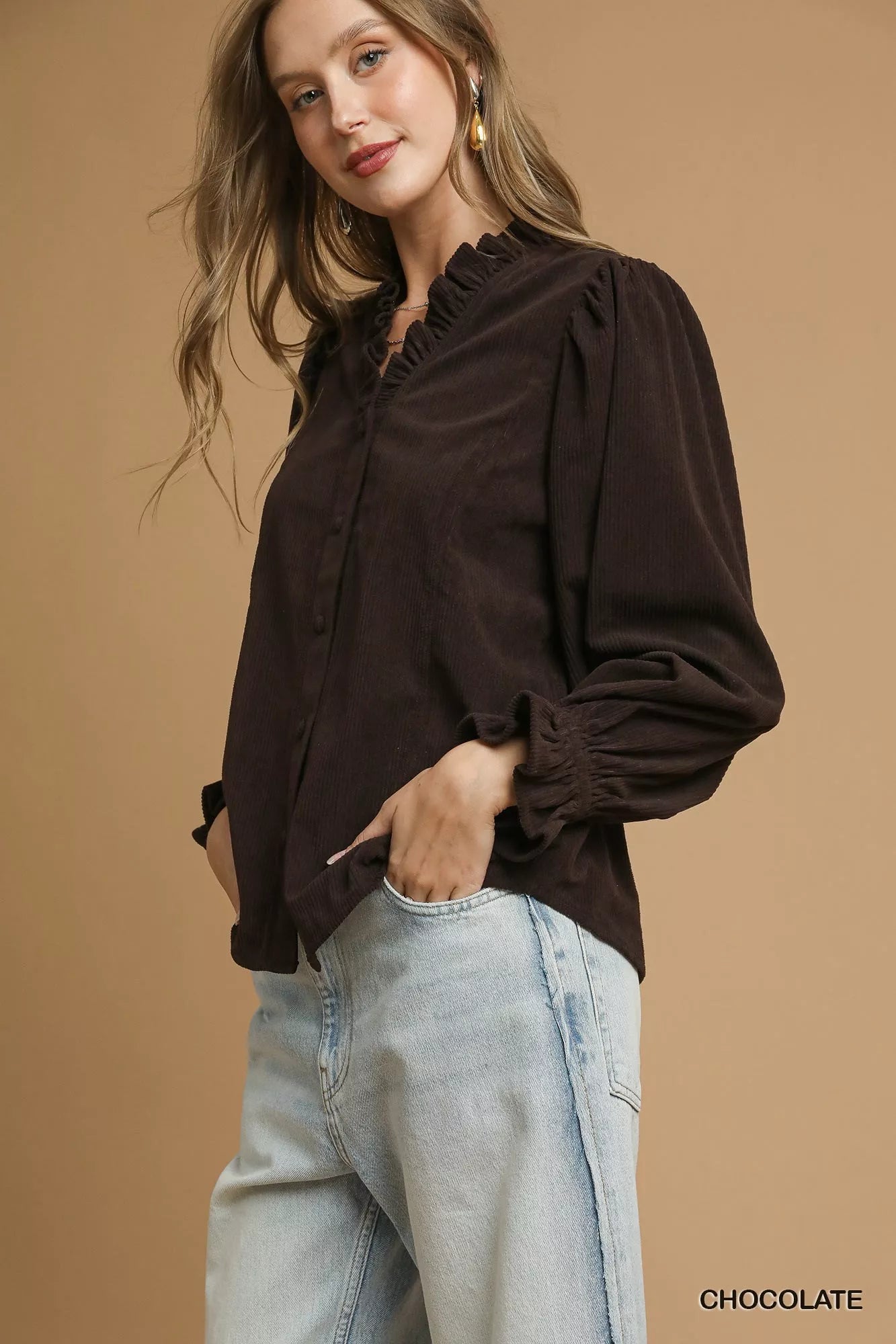 Umgee Corduroy Ruffle Shirt with Long Puff Sleeves OutfitFlow