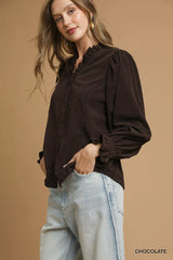 Umgee Corduroy Ruffle Shirt with Long Puff Sleeves OutfitFlow