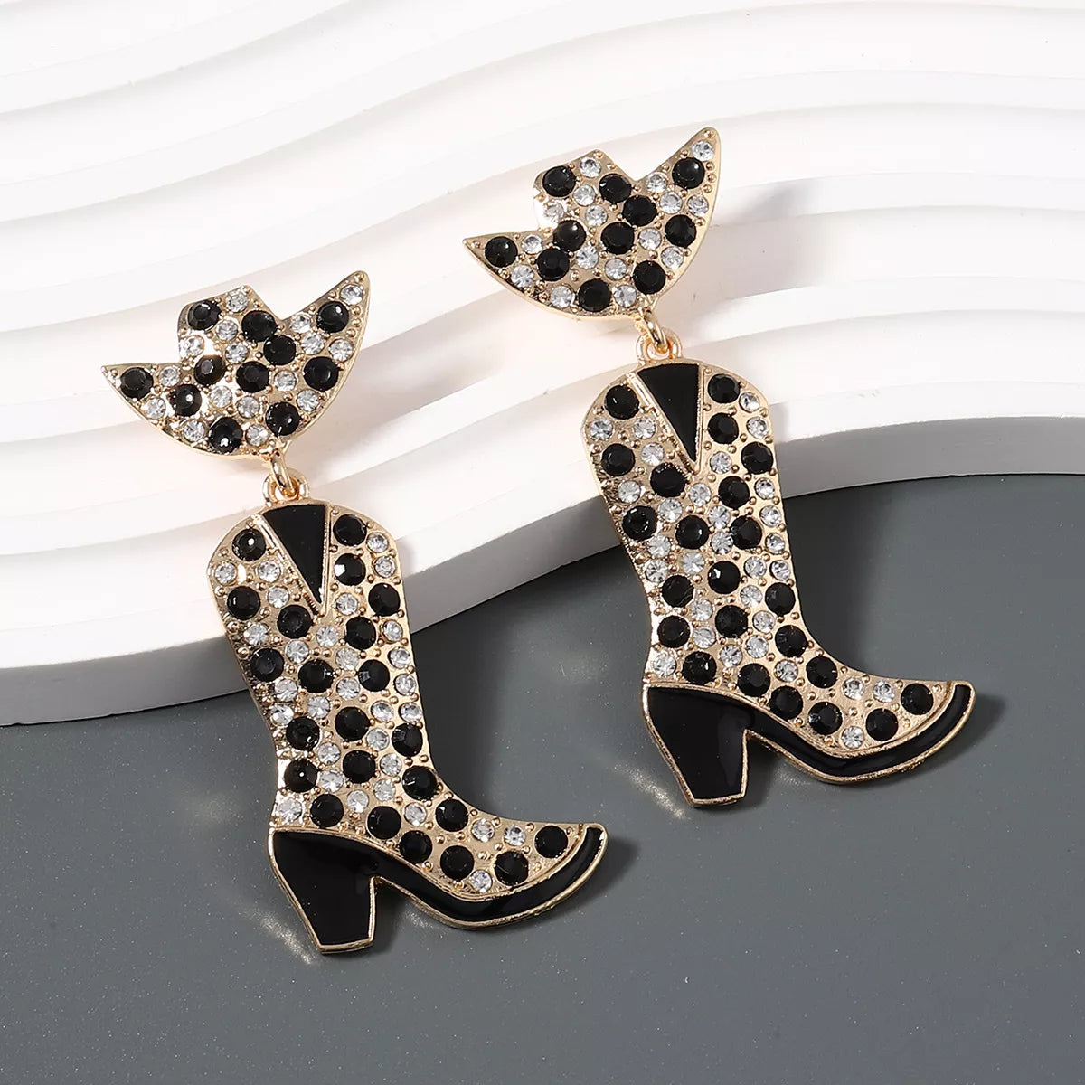 Rhinestone Cowboy Boot Dangle Earrings Black onesize OutfitFlow