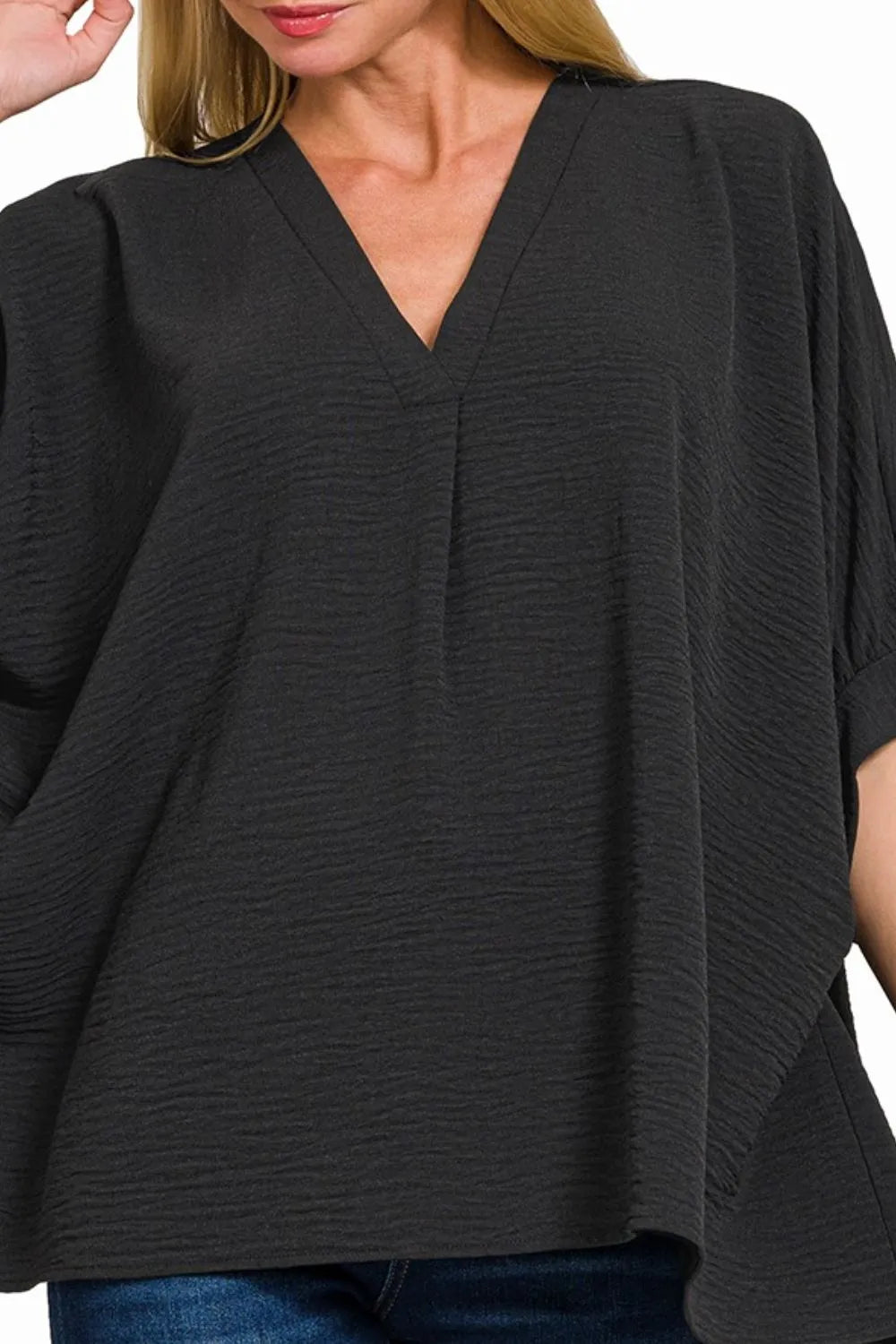 Zenana Woven Airflow V-neck Puff Half Sleeve Top OutfitFlow