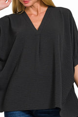 Zenana Woven Airflow V-neck Puff Half Sleeve Top OutfitFlow