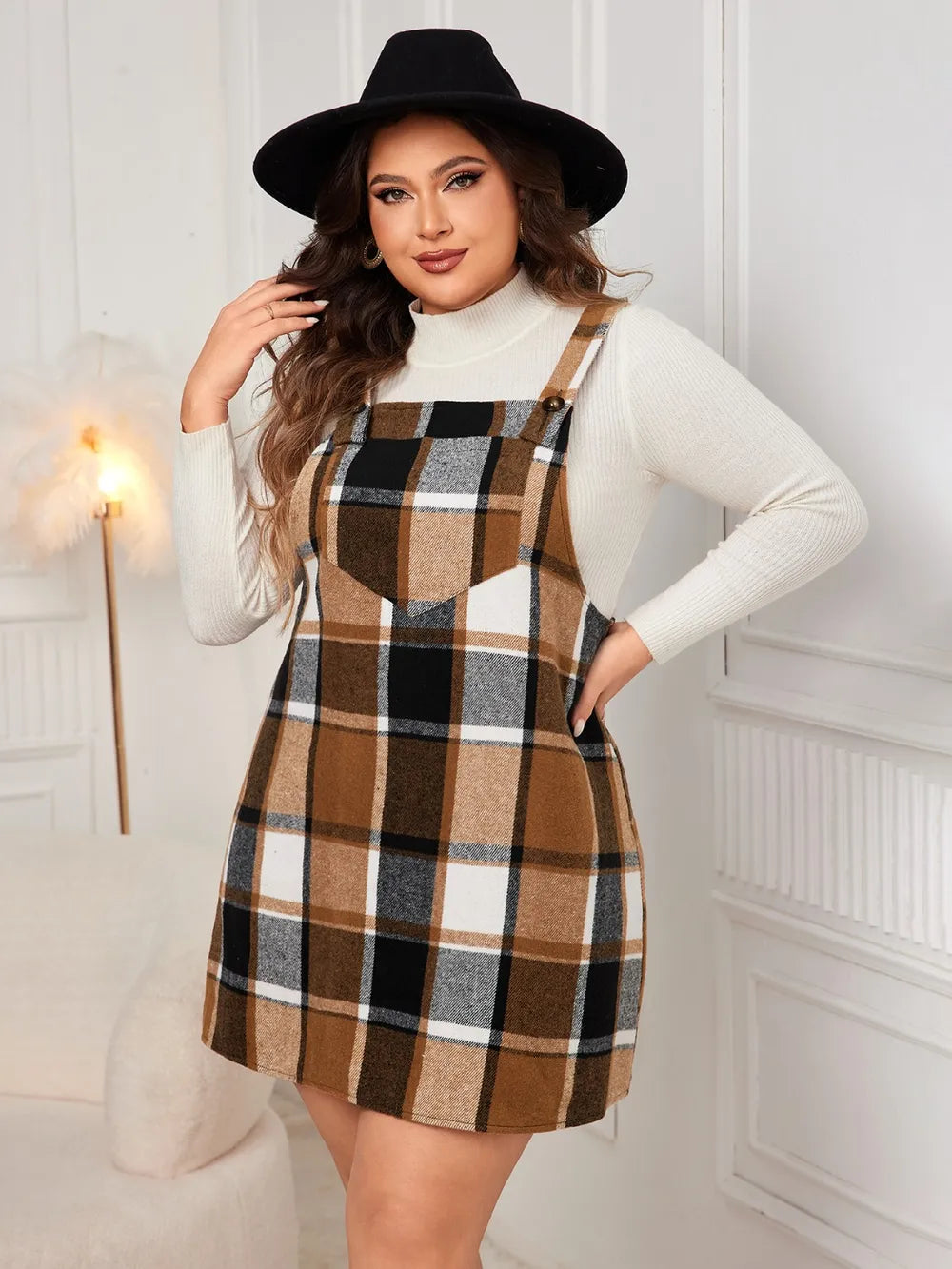 Honey Plus Size Plaid Wide Strap Overall Dress OutfitFlow