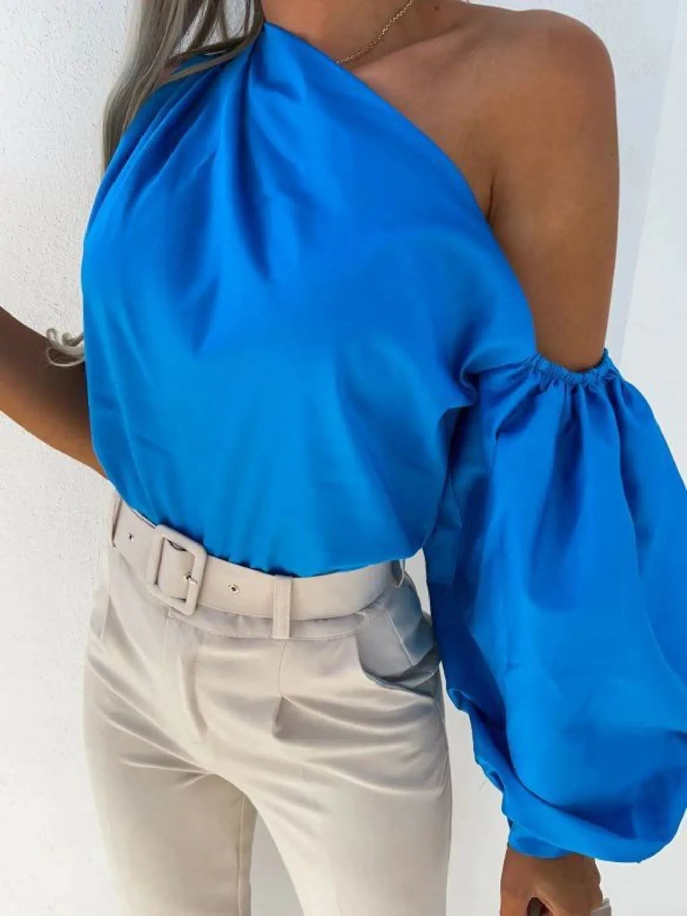 One Shoulder Puff Sleeve Blouse OutfitFlow