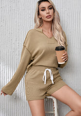 Outfit Flow - Exposed Seam Long Sleeve Top and Drawstring Shorts Set