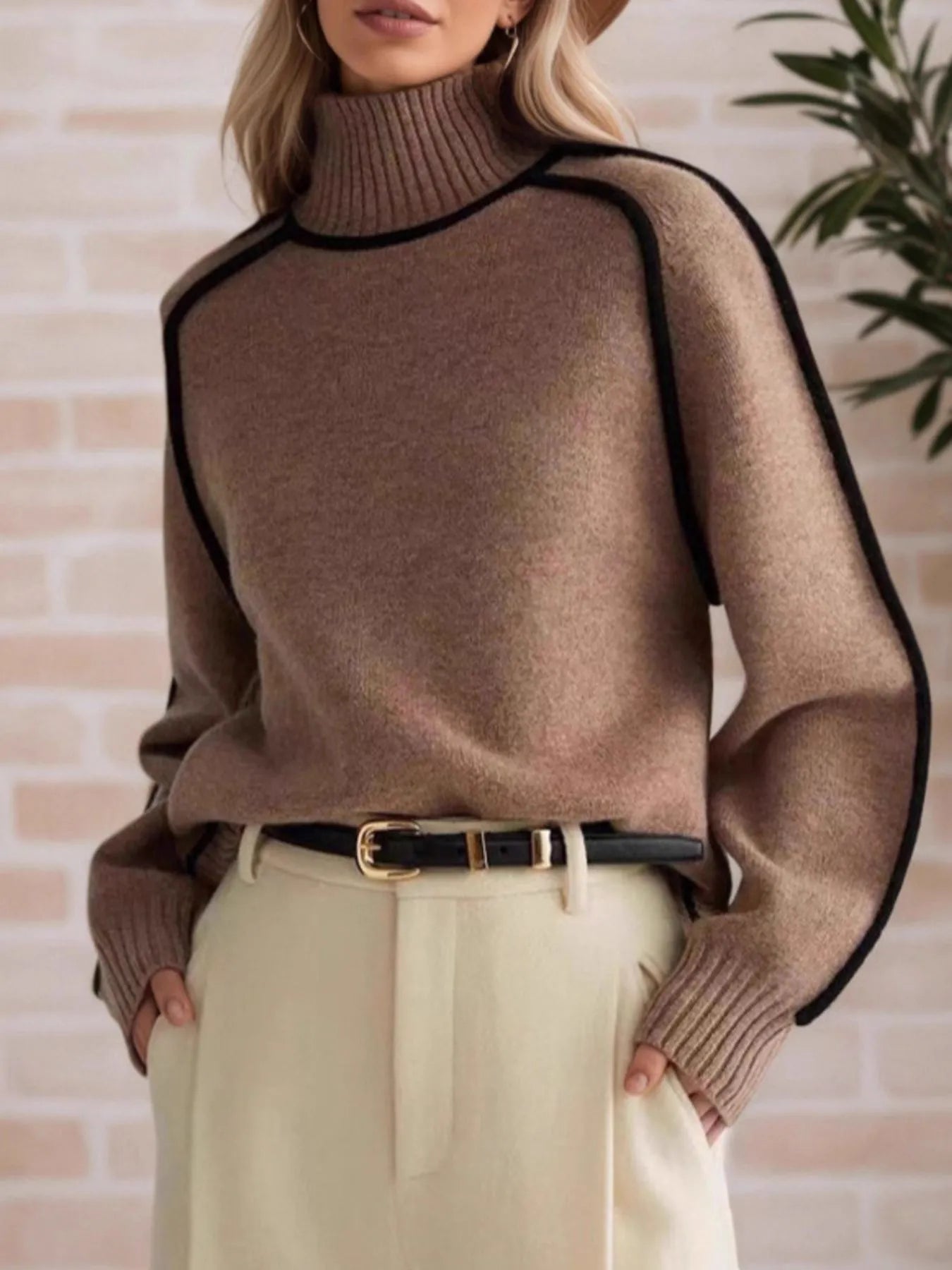 Contrast Trim Turtleneck Sweater OutfitFlow