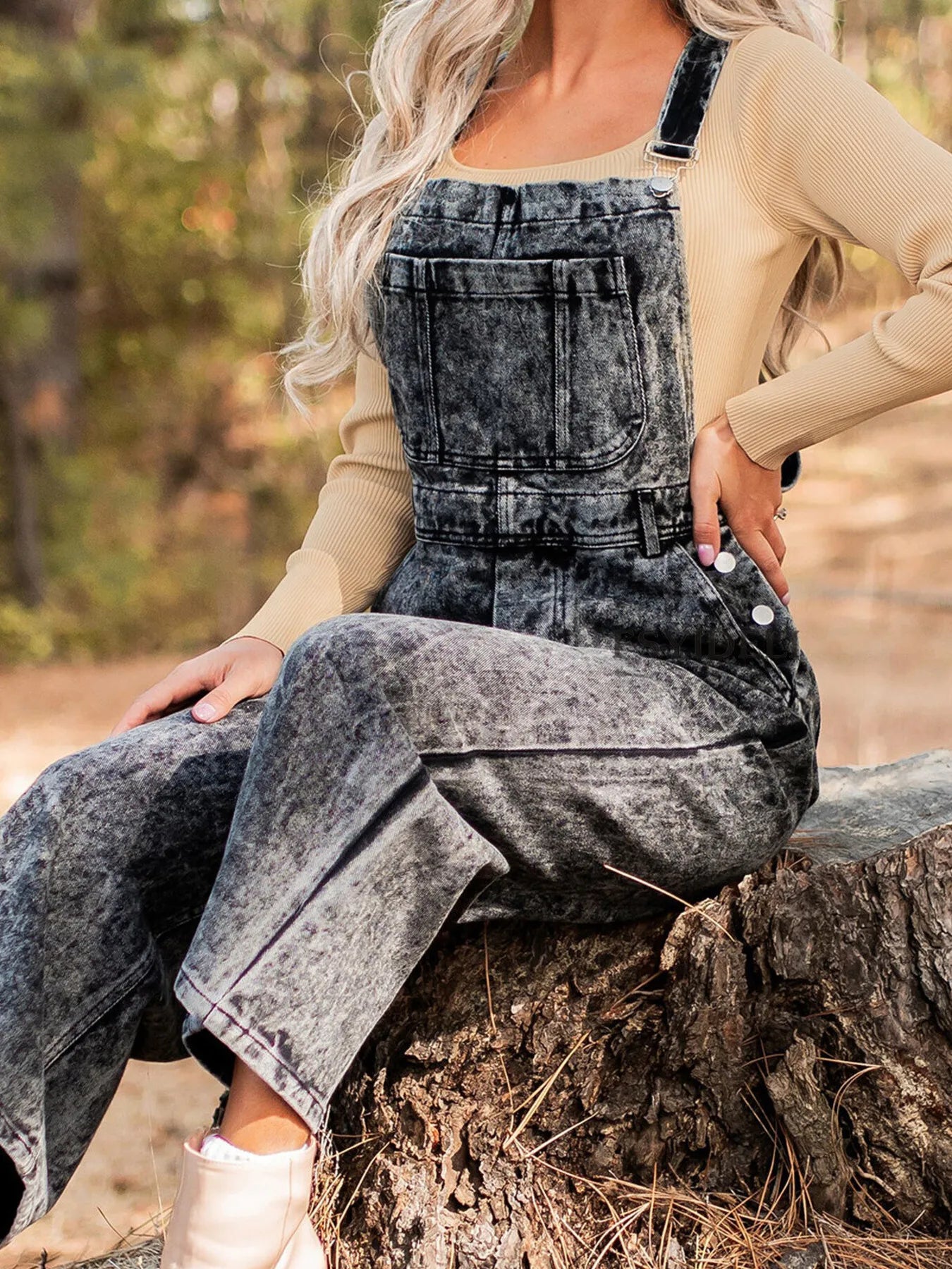 Vintage Washed Wide Leg Denim Overalls with Front Pockets OutfitFlow
