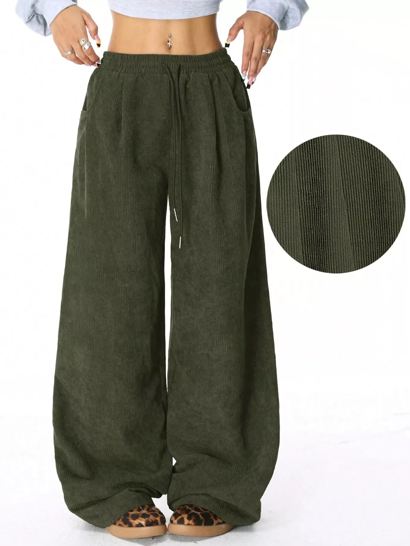 Corduroy Wide Leg Pants Army Green OutfitFlow