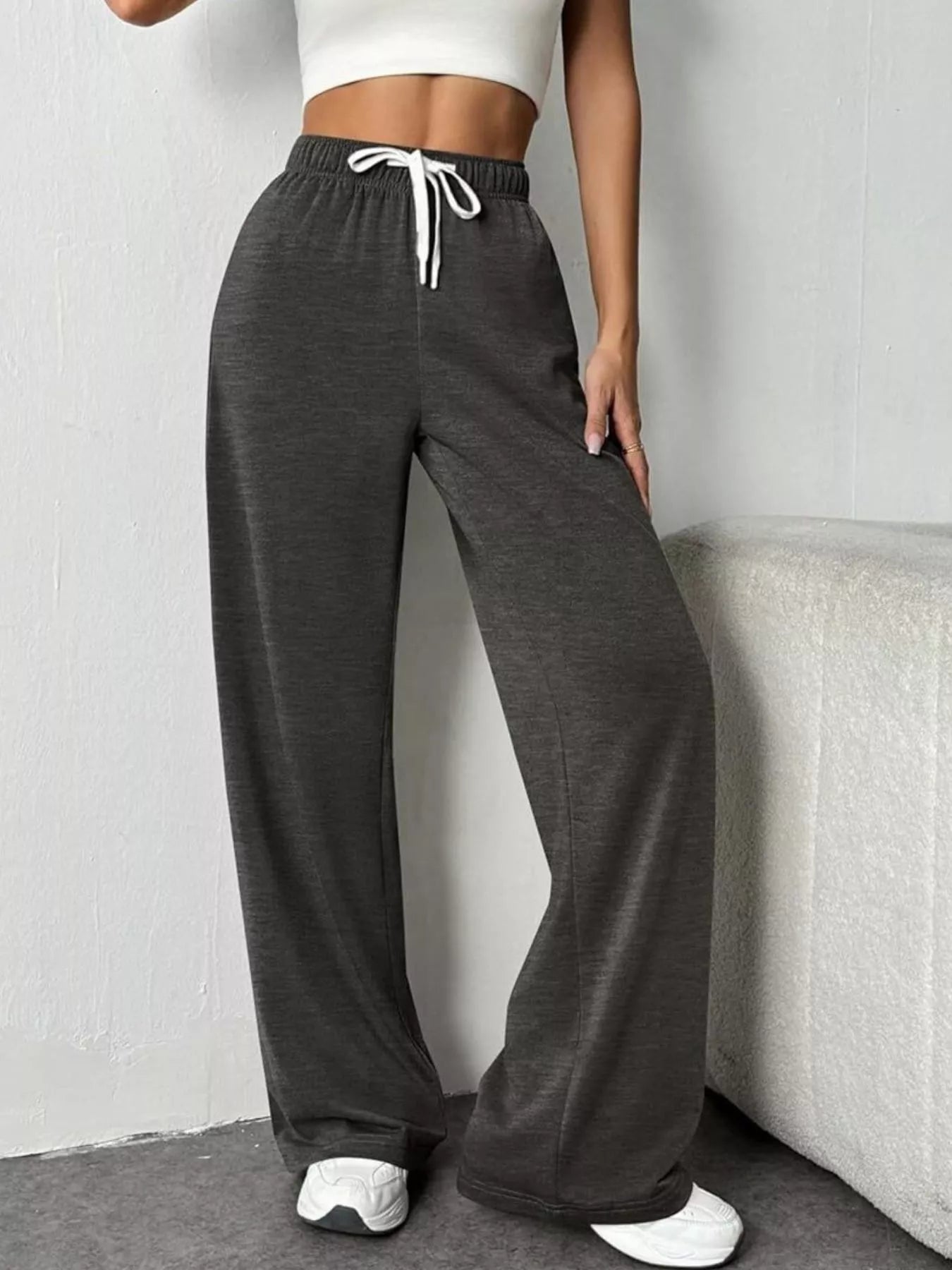 Drawstring Wide Leg Pants Dark Gray OutfitFlow