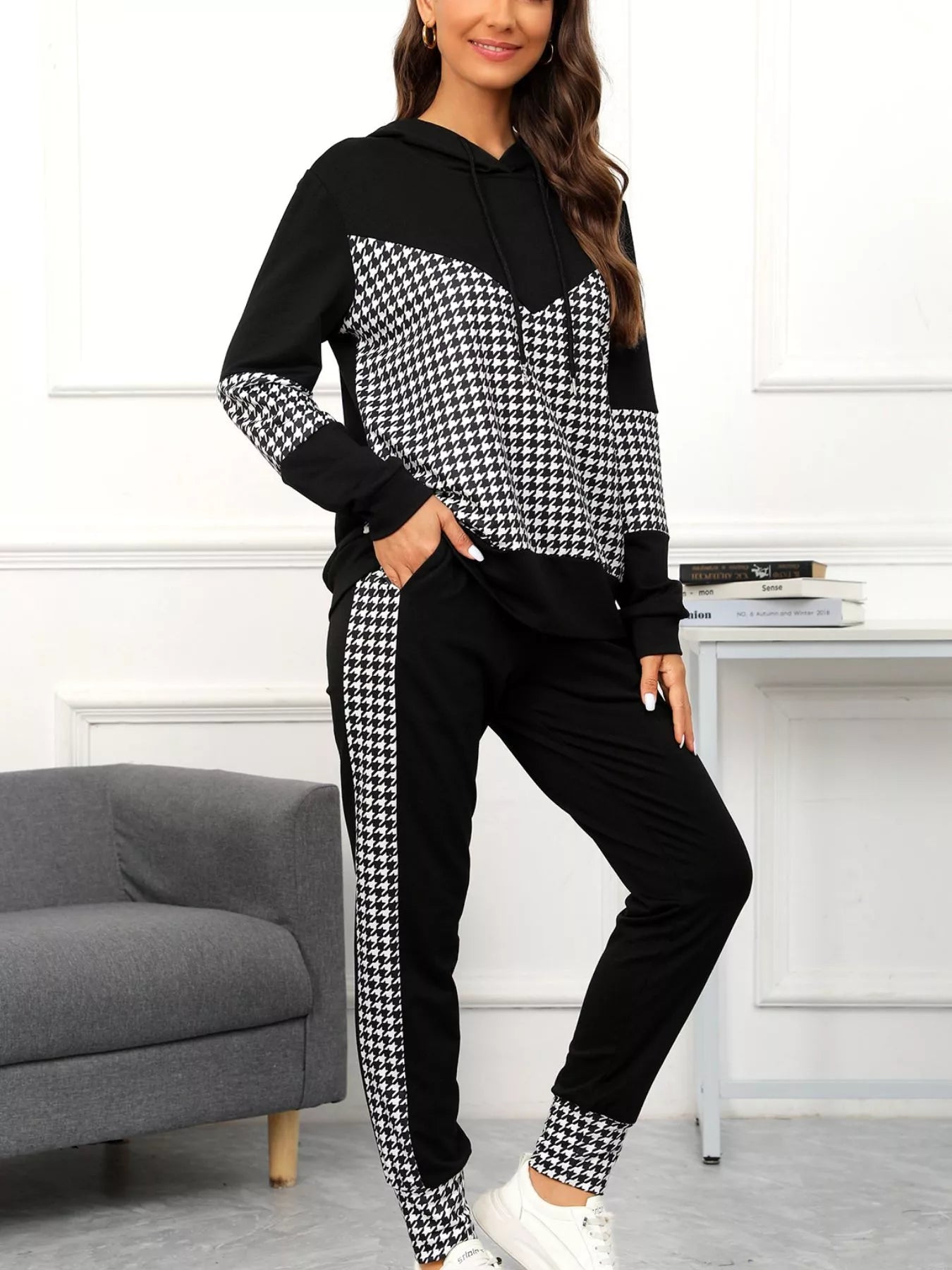 Houndstooth Drawstring Hoodie and Pants Se OutfitFlow