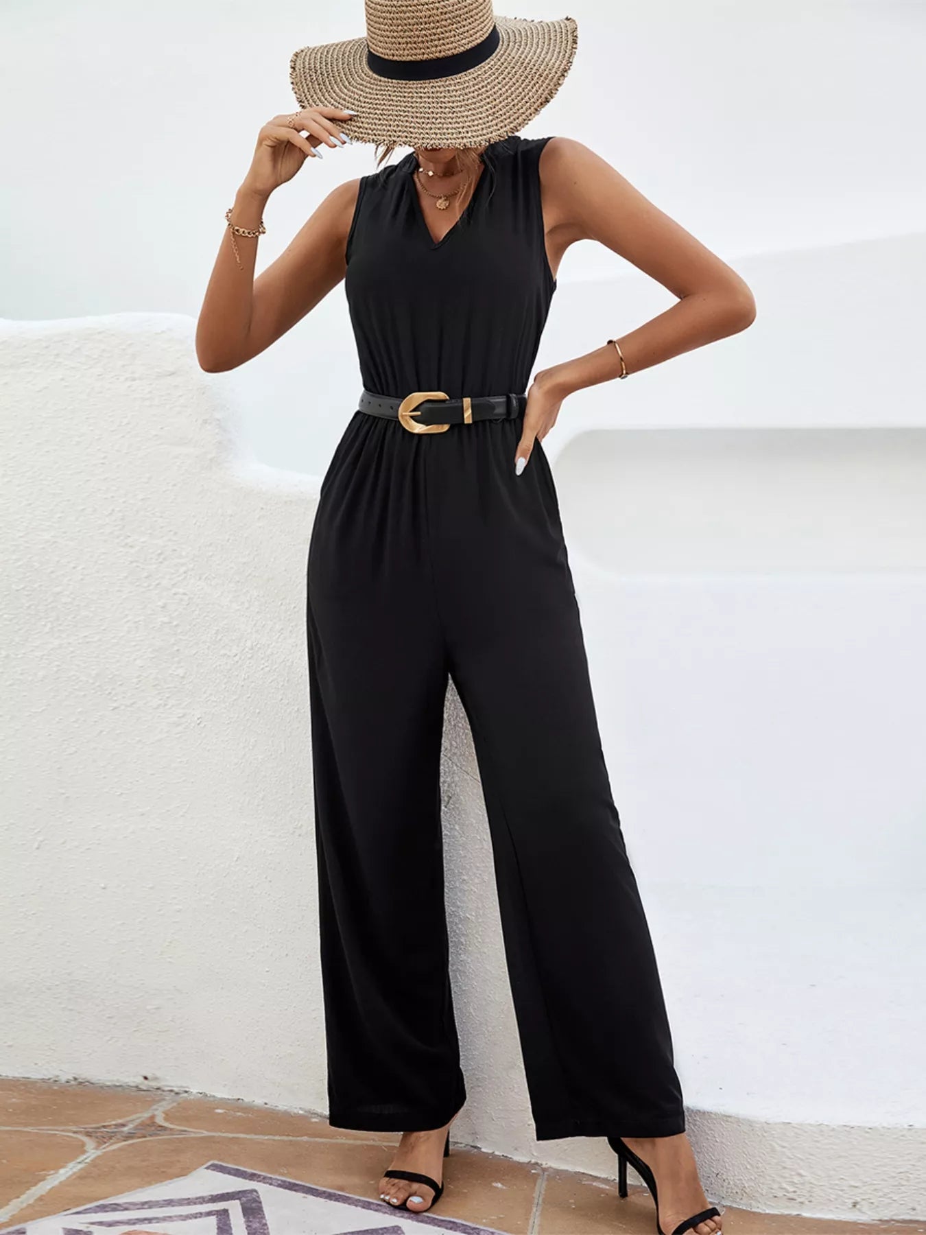 Sleeveless V-Neck Wide Leg Jumpsuit OutfitFlow
