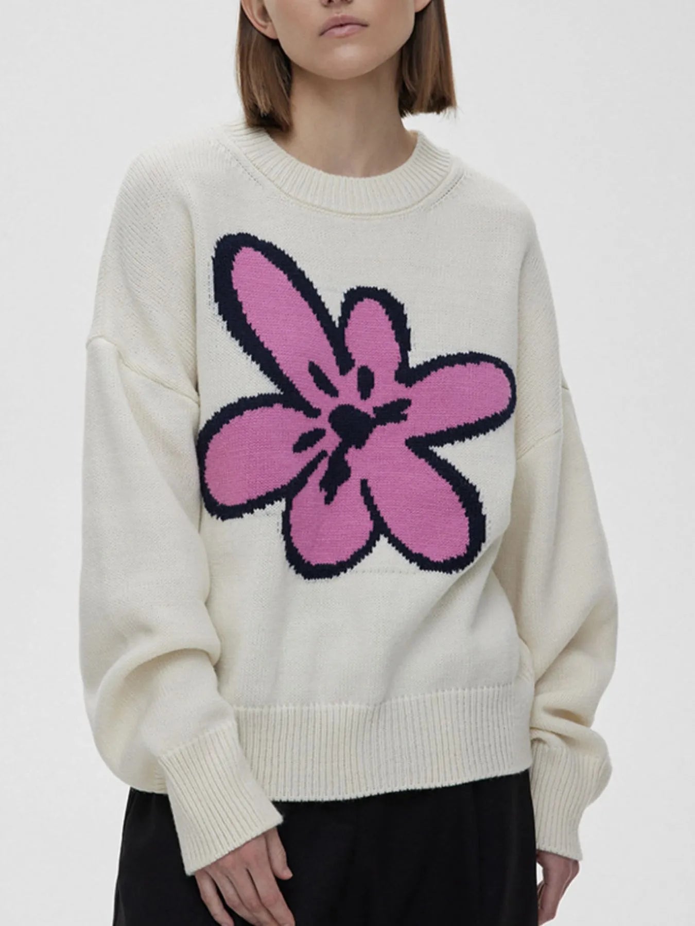 Flower Ribbed Hem Round Neck Sweater Pink One Size OutfitFlow